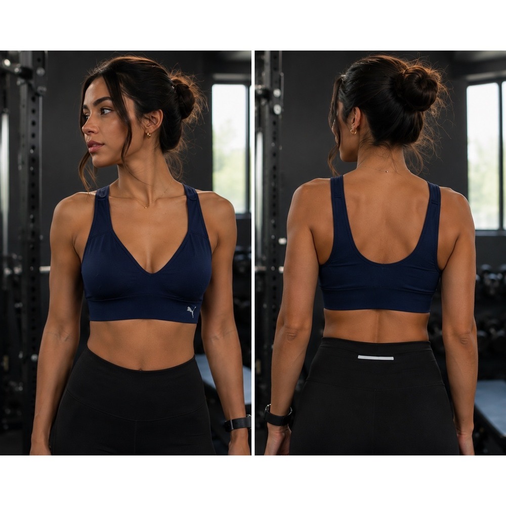 Puma Womens‎ Seamless Plunge Sports Bra Navy Blue Adjustable Straps Large